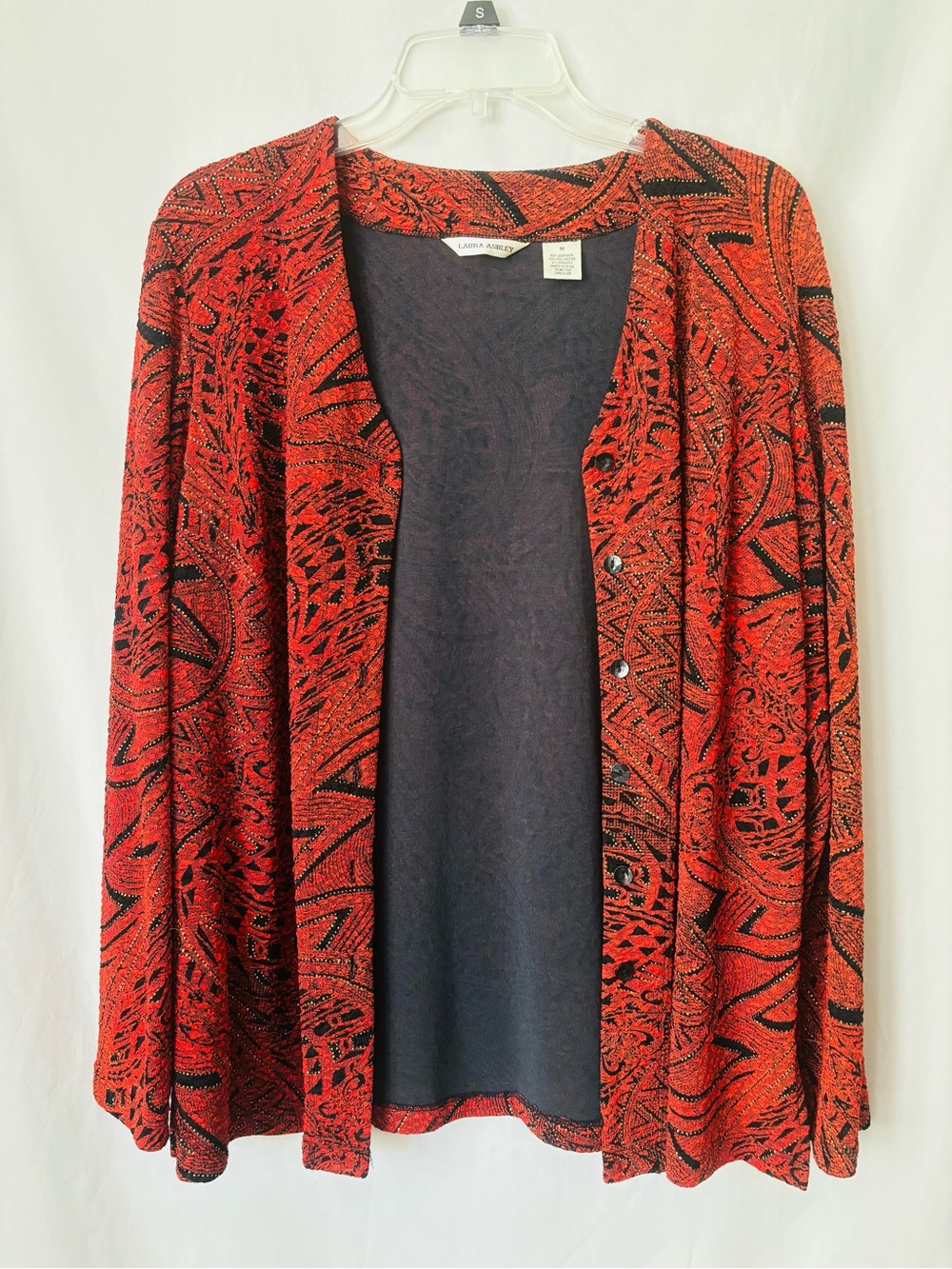 Laura Ashley Red Black Abstract Metallic Knit Jacket Cardigan M